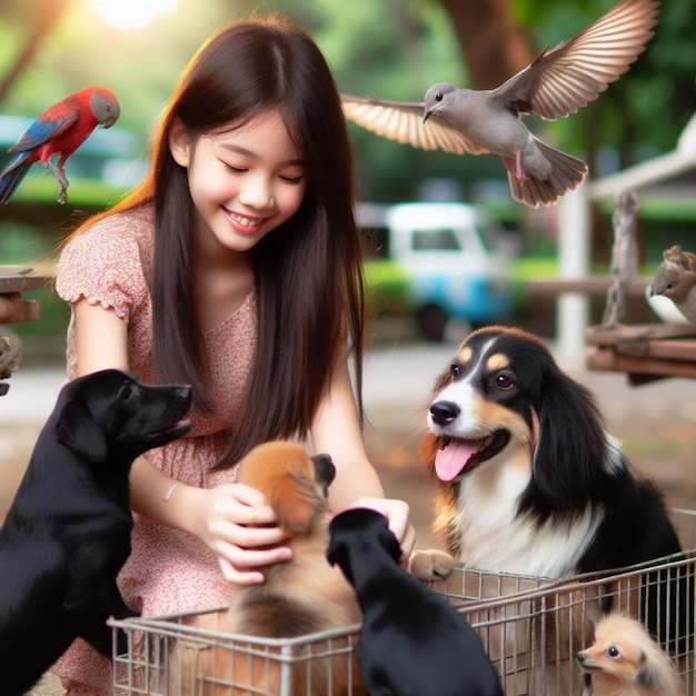 Enchanting Moments A Lovely Girl Dogs and Joyful Wildlife Unite at the Childrens Park