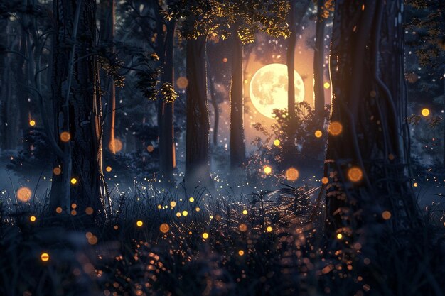 Очаровательный лунный лес с светлячками.