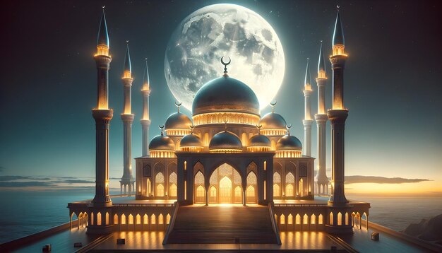 Enchanting Moonlit Mosque A Tranquil Night Sky with Luminous Full Moon Over Islamic Architecture