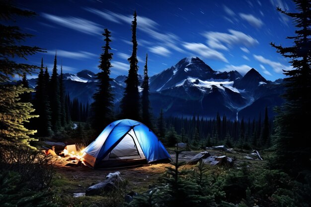 Enchanting moonlit mountains serene tourist camp with cozy glowing tent and mesmerizing starry sky