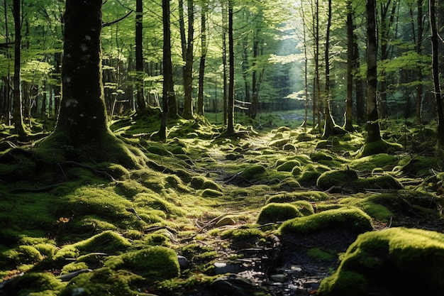 Enchanting mosscovered forest with sunlight filtering through the trees