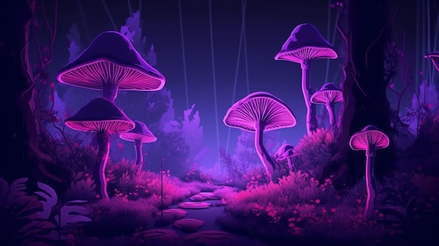 Очаровательный грибной фон джунглей с фиолетовым неоновым свечением