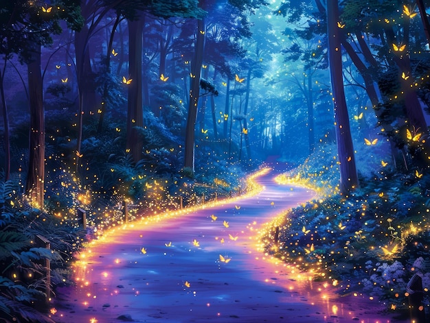 輝く蝶とエーテル色の青と紫の色で 魅力的な神秘的な森の道