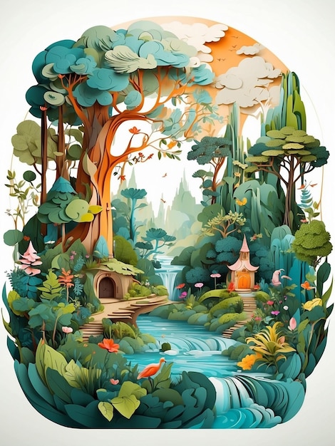 Enchanting Mystical Forest Collage Fairies Animals and Magical Creatures in Vector Paper Art