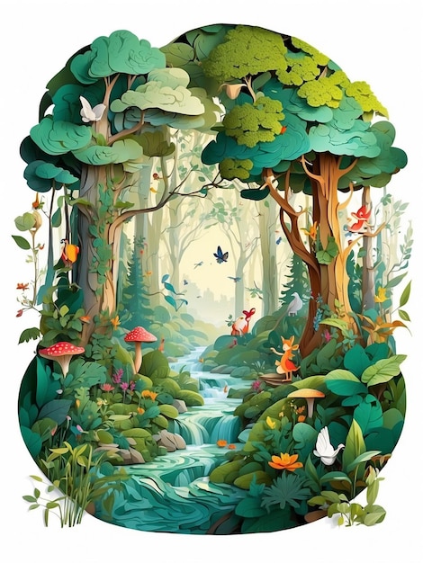 Enchanting Mystical Forest Collage Fairies Animals and Magical Creatures in Vector Paper Art