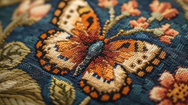 Enchanting Needlepoint depiction of a graceful butterfly in flight with intricate patterns