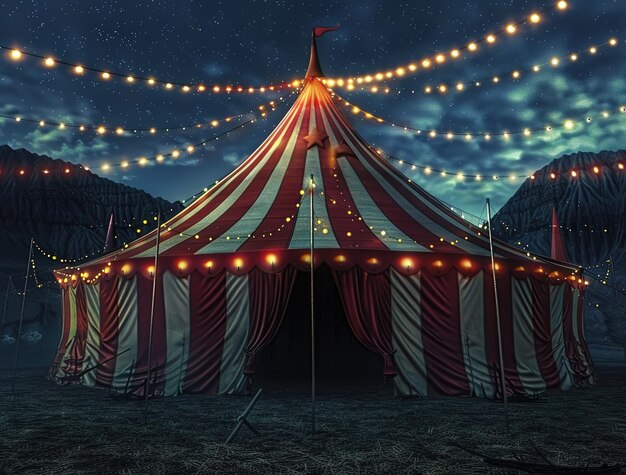 An enchanting night circus tent illuminated by twinkling lights amidst the serene beauty of nature