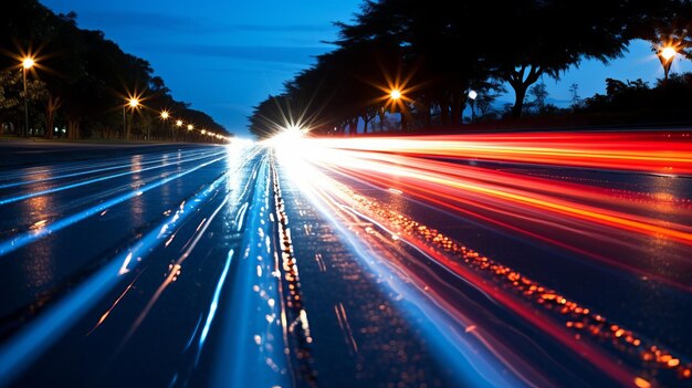 Photo enchanting night cityscape blurry car and street lamp lights in vibrant urban illumination