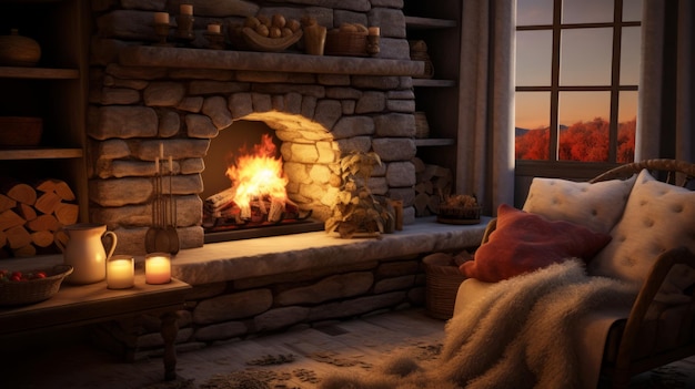 暖かい 3D 秋の小屋での魅力的な夜暖かい暖かい避難所で現実的な避難所