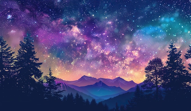 Enchanting night sky over a serene mountain landscape