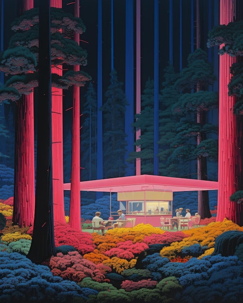 Photo enchanting nightlight hasui kawase's vivid neon diner amidst exotic flora and animals in the sequoi