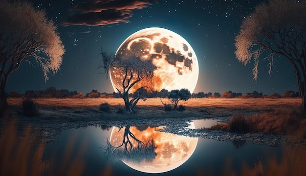 Enchanting Nightly Landscape Full Moon and Mesmerizing Lights