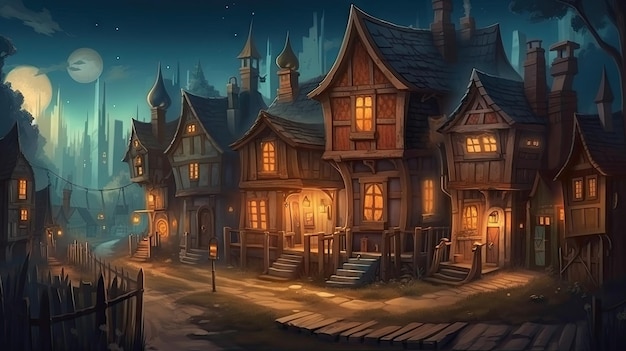 Enchanting Nighttime Backdrop of a Fairy Tale Town for Video Game or Digital Art