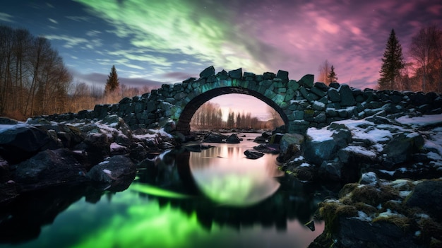 Enchanting Nighttime Landscape Ancient Stone Bridge and Northern Lights