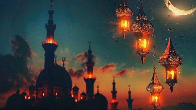 Enchanting Nighttime Scene with Illuminated Mosques and Floating Lanterns