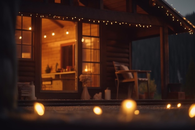 Enchanting Nighttime View of a Cozy Wooden Cabin in the Mountains