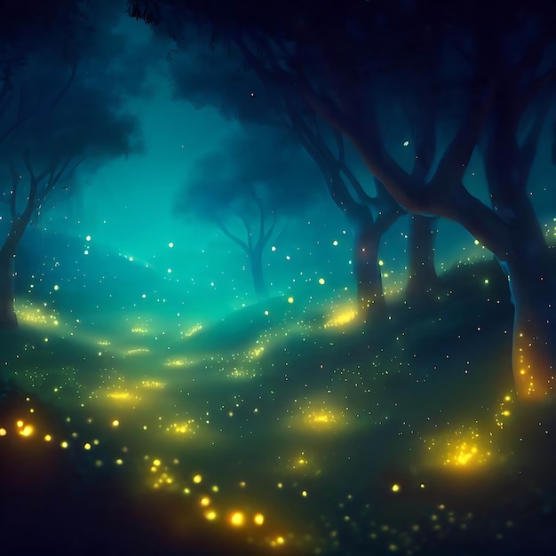 Очаровательная ночная лесная сцена с светлячками цифровая живопись высокого разрешения