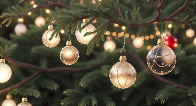 Enchanting Ornaments Baubles and Fairy Lights on a Branch