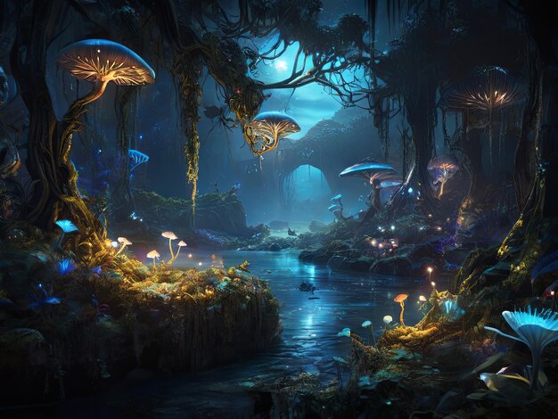 Enchanting Pandora night Bioluminescent forest with glowing plants creatures woodsprites