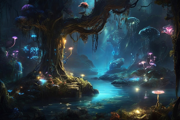Enchanting Pandora night Bioluminescent forest with glowing plants creatures woodsprites