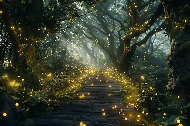 Enchanting pathway through a magical forest illumi