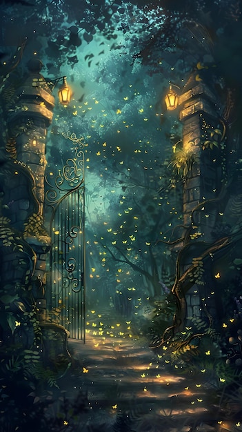 enchanting pathway through mystical glowing forest at night with lanterns and fireflies illuminating