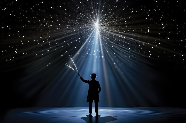 Foto l'incantevole spettacolo un uomo che sfrutta il potere di una bacchetta magica brilla sul palco sotto i riflettori