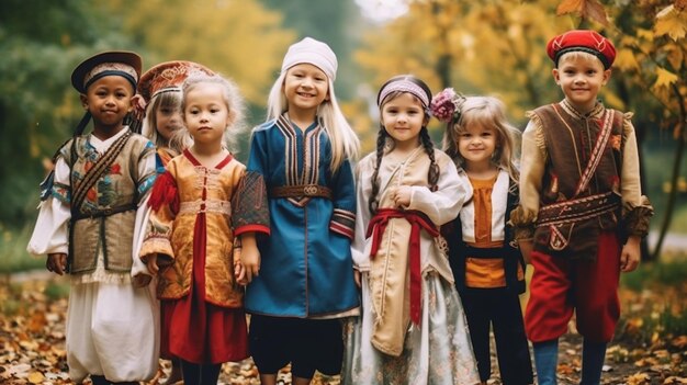 An enchanting picture of children dressed in traditional costumes representing different cultures a