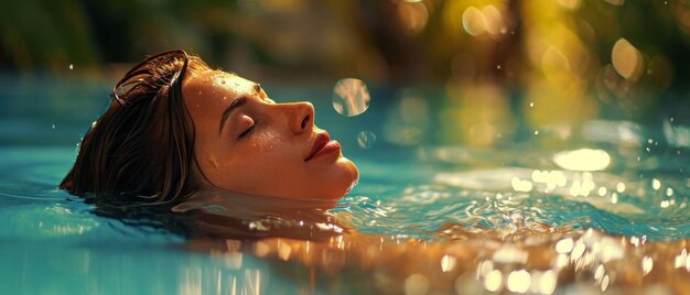 An Enchanting Poolside Retreat A Serene Woman Radiates The Bliss Of Summer