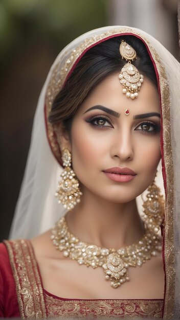 Enchanting Portrait of an Indian Bride in Red Lehenga and Opulent Jewelry Generative AI