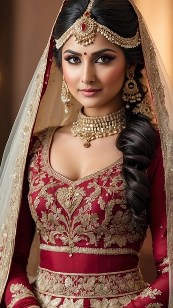 Enchanting Portrait of an Indian Bride in Red Lehenga and Opulent Jewelry Generative AI