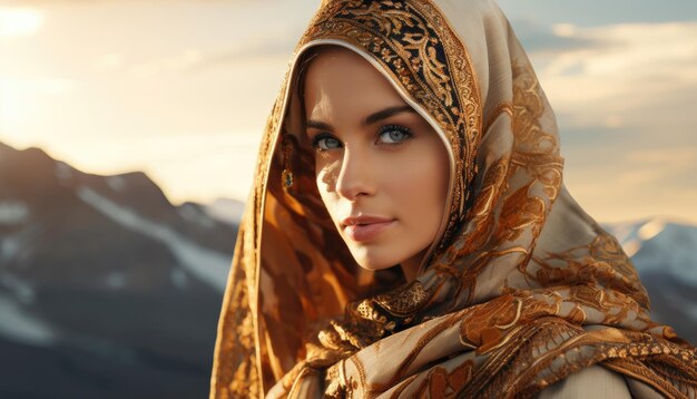 Фото Очаровательный портрет женщины в украшенном хиджабе на закате в горах