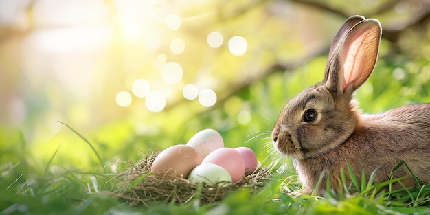 Photo enchanting portrait of a rabbit with easter eggs