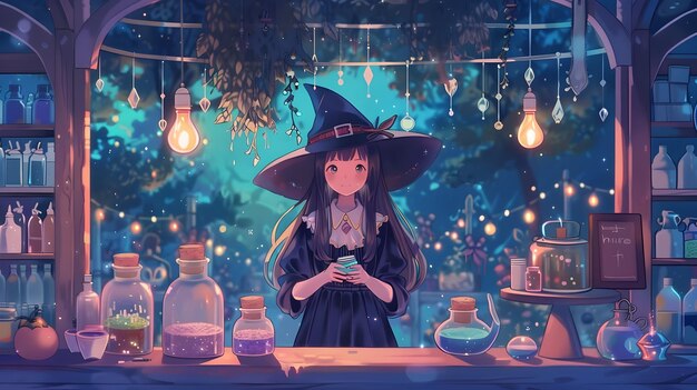 Photo enchanting potion making in a mystical witches lair at nightfall