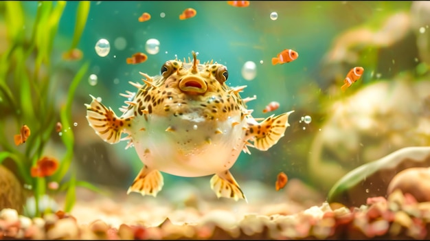 Enchanting pufferfish amongst bubbles in aquarium