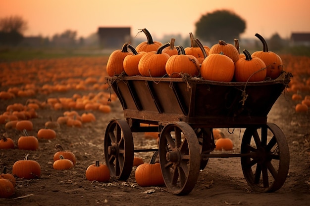 Photo enchanting pumpkin patch a wheelbarrow in dark autumn mood