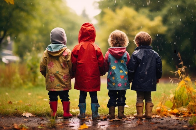 自然 の 素晴らしさ の 中 で 魅力 的 な 雨 の 子供 たち の 遊び