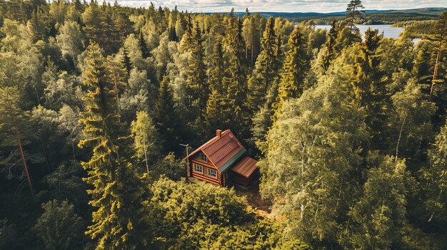 Очаровательное уединение Высокая перспектива уединенной финской деревянной хижины, спрятанной в объятиях природы