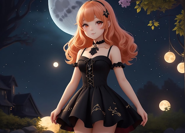 Enchanting scene an adorable cute anime girl elegantly dressed in black