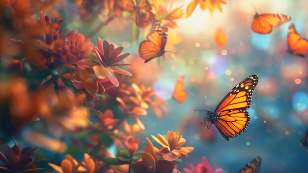 Enchanting scene of butterflies gracefully flitting among colorful blooming flowers bathed in golden sunlight