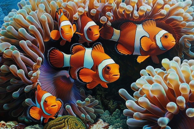 An enchanting scene of a clownfish family nestled generative ai