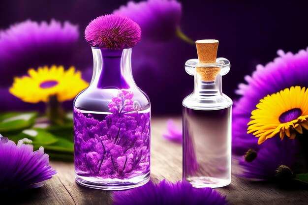 Создана очаровательная сцена, изображающая стеклянную бутылку, наполненную фиолетовым цветком.