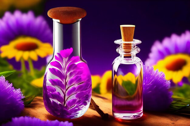 An enchanting scene depicting a glass bottle filled with a purple flower ai generated