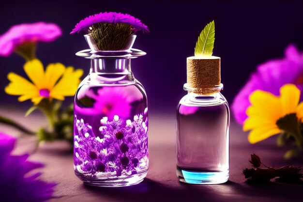 An enchanting scene depicting a glass bottle filled with a purple flower ai generated