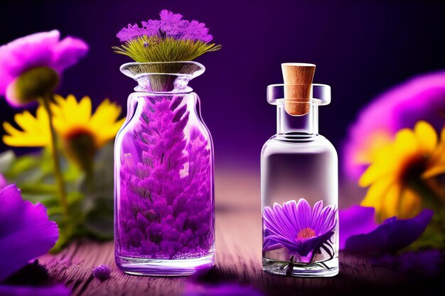 An enchanting scene depicting a glass bottle filled with a purple flower ai generated