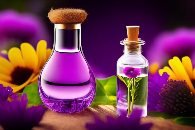 An enchanting scene depicting a glass bottle filled with a purple flower ai generated
