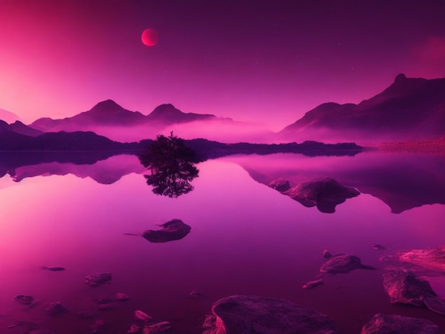 An enchanting scene of mountains and water beneath a mesmerizing purple sky