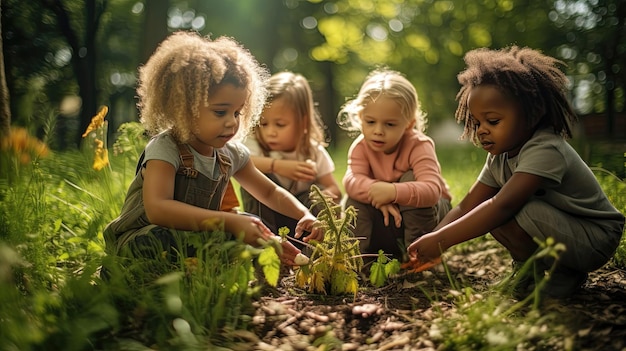 Foto incantevole scena di bambini in età prescolare pieni di eccitazione che si avventurano nel mondo naturale durante una lezione all'aperto generato dall'ia