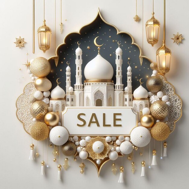 Photo enchanting scene for a ramadan kareem sale adorned with white and golden balls ai generated