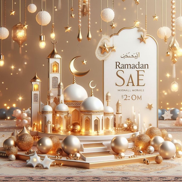 enchanting scene for a Ramadan Kareem sale adorned with white and golden balls AI generated